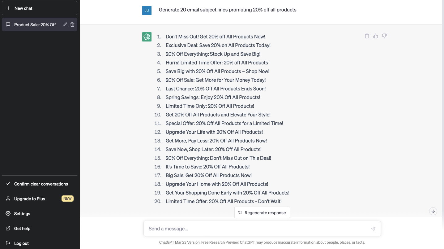ChatGPT suggesting email subject lines for a 20% off promotion