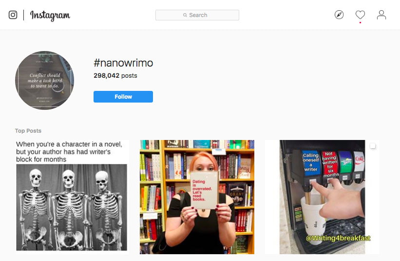 Instagram search for #NaNoWriMo