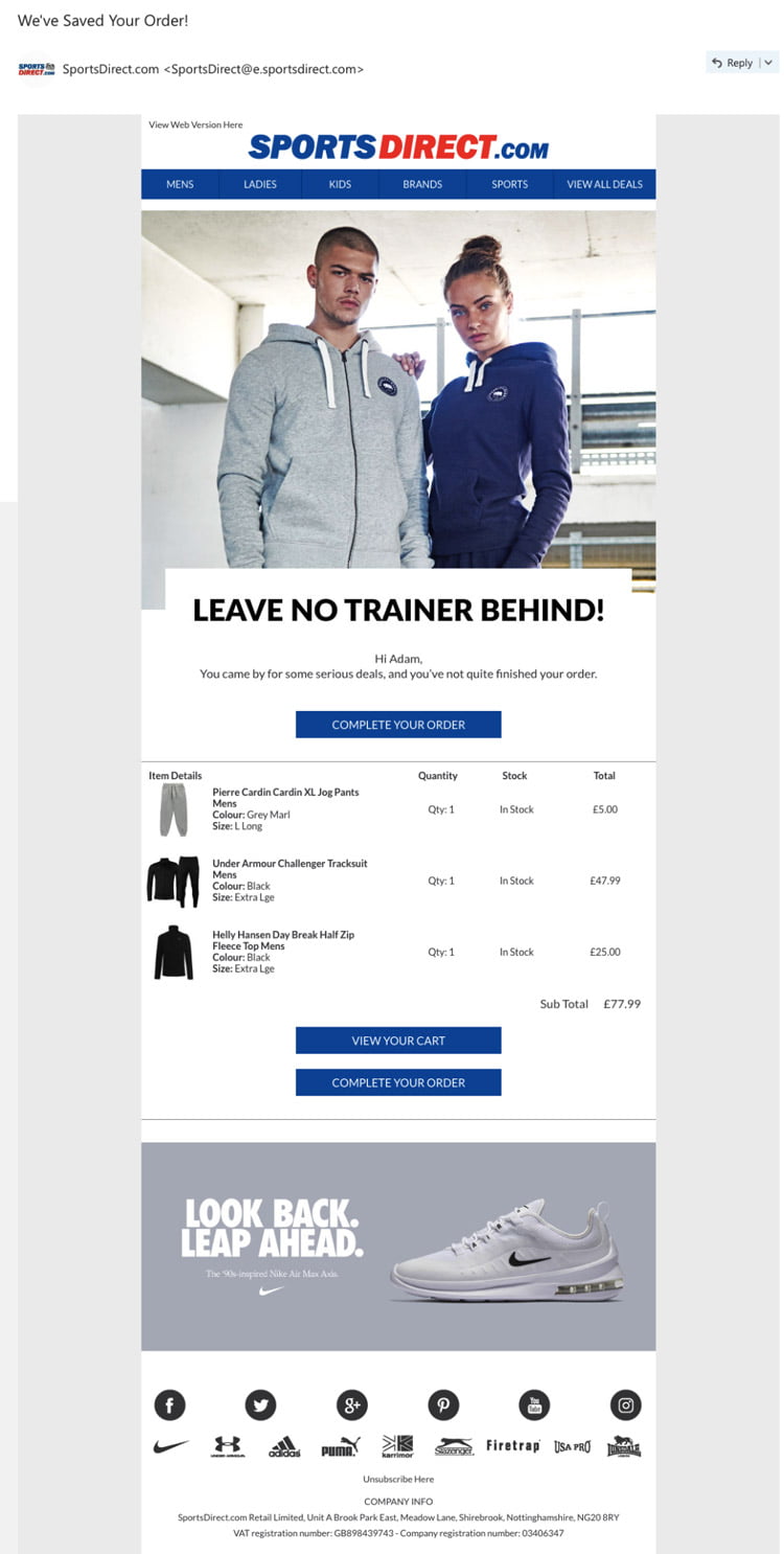 SportsDirect cart abandonment email