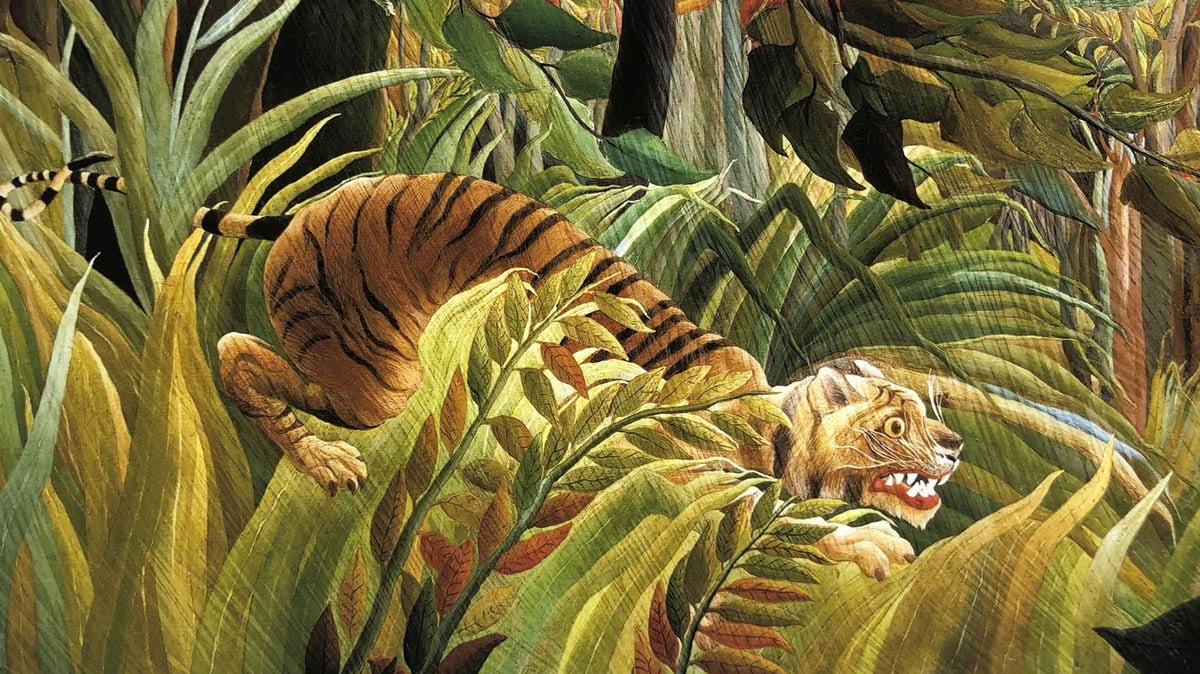Tiger in a Tropical Storm, close up of a 12-colour Giclée print