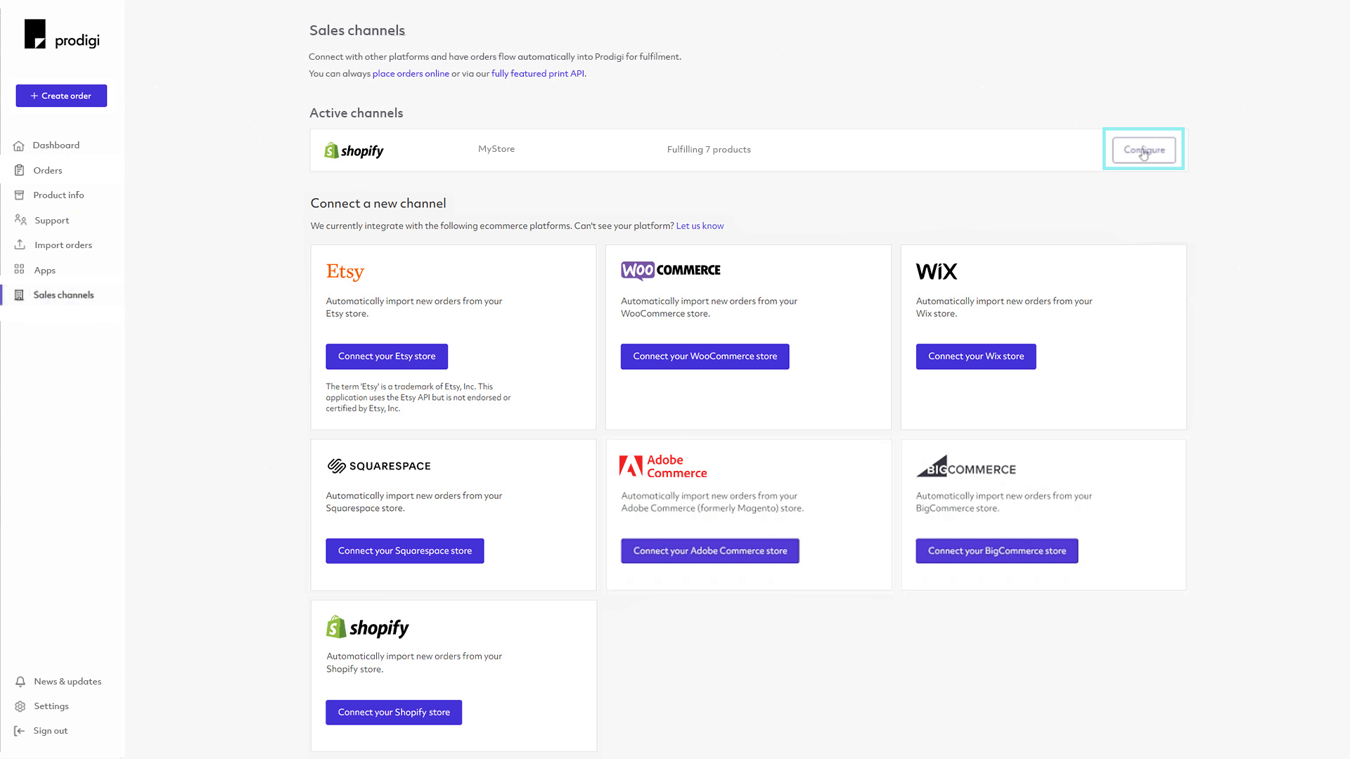 Prodigi sales channels with an active channel